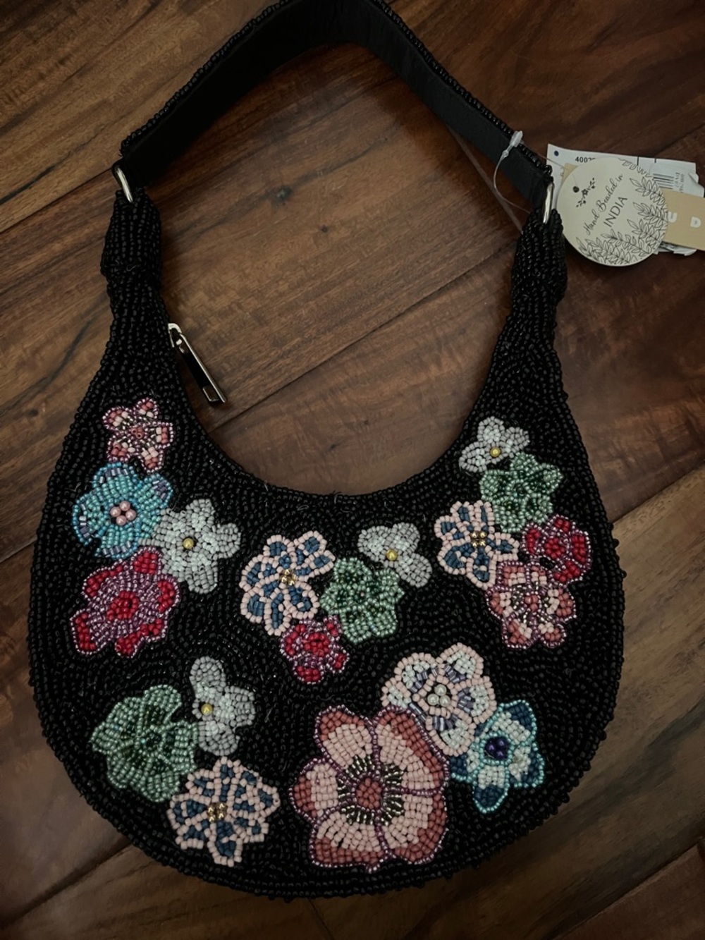 Beaded Floral Hobo Bag in Black - Unbranded